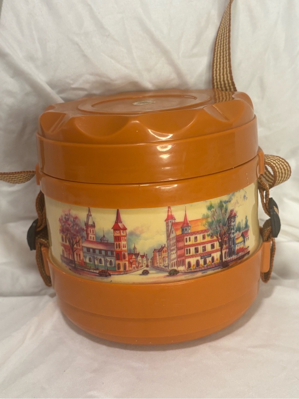 Orange Vintage Decorative Insulated Container with European Village Scene
